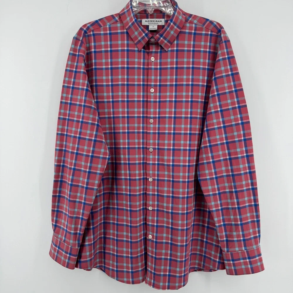 Mizzen + Main Button Down Mens XL Red Plaid Trim Fit Performance Stretch Shirt